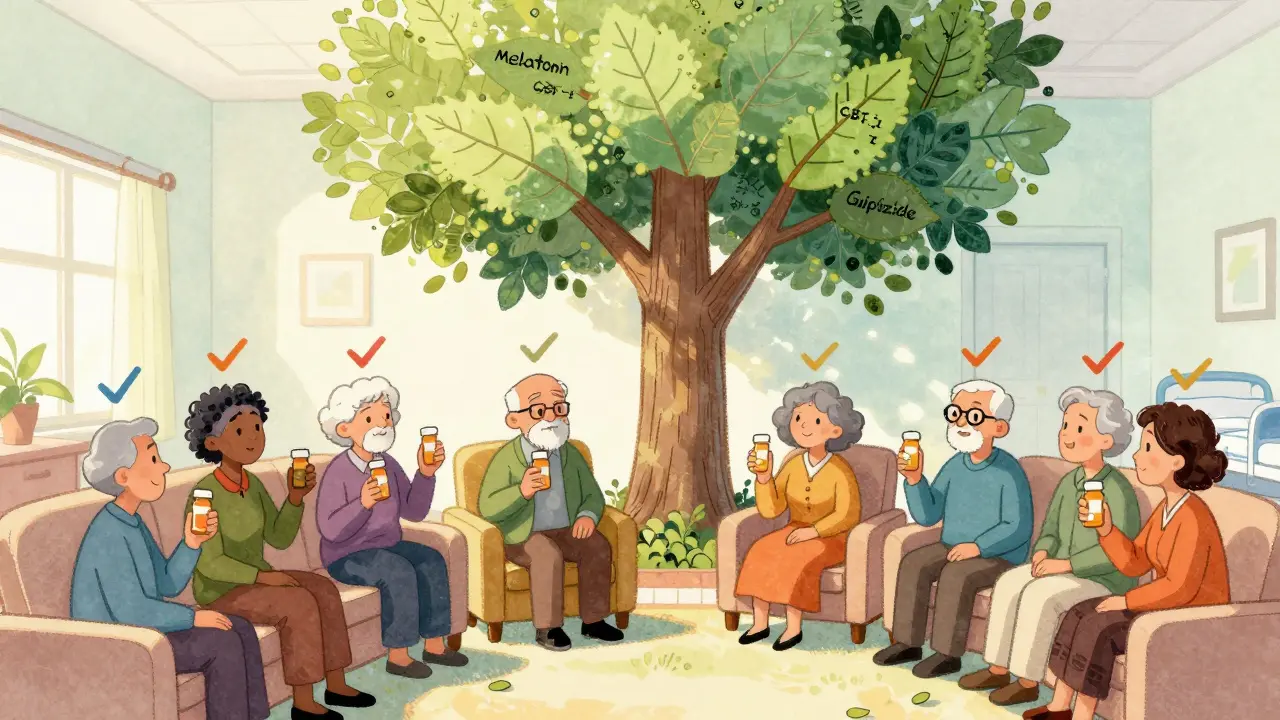 Seniors hold safe medication bottles while a tree with therapeutic alternatives grows in the center of the room.