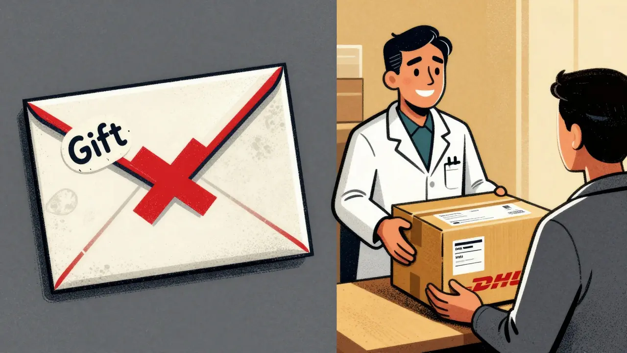 Side-by-side comparison: a failed USPS mail package versus a properly labeled DHL box with customs documentation, in screenprint style.