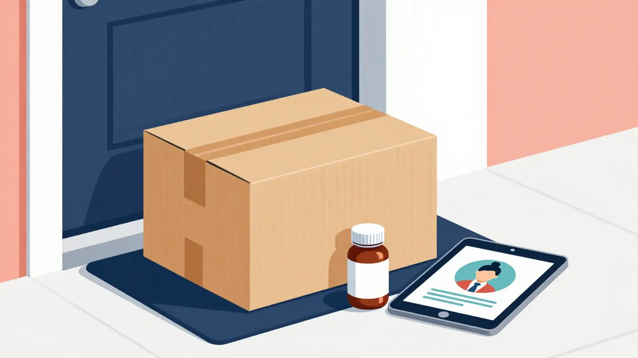 A medication delivery box and a tablet showing a telehealth service on a doorstep.