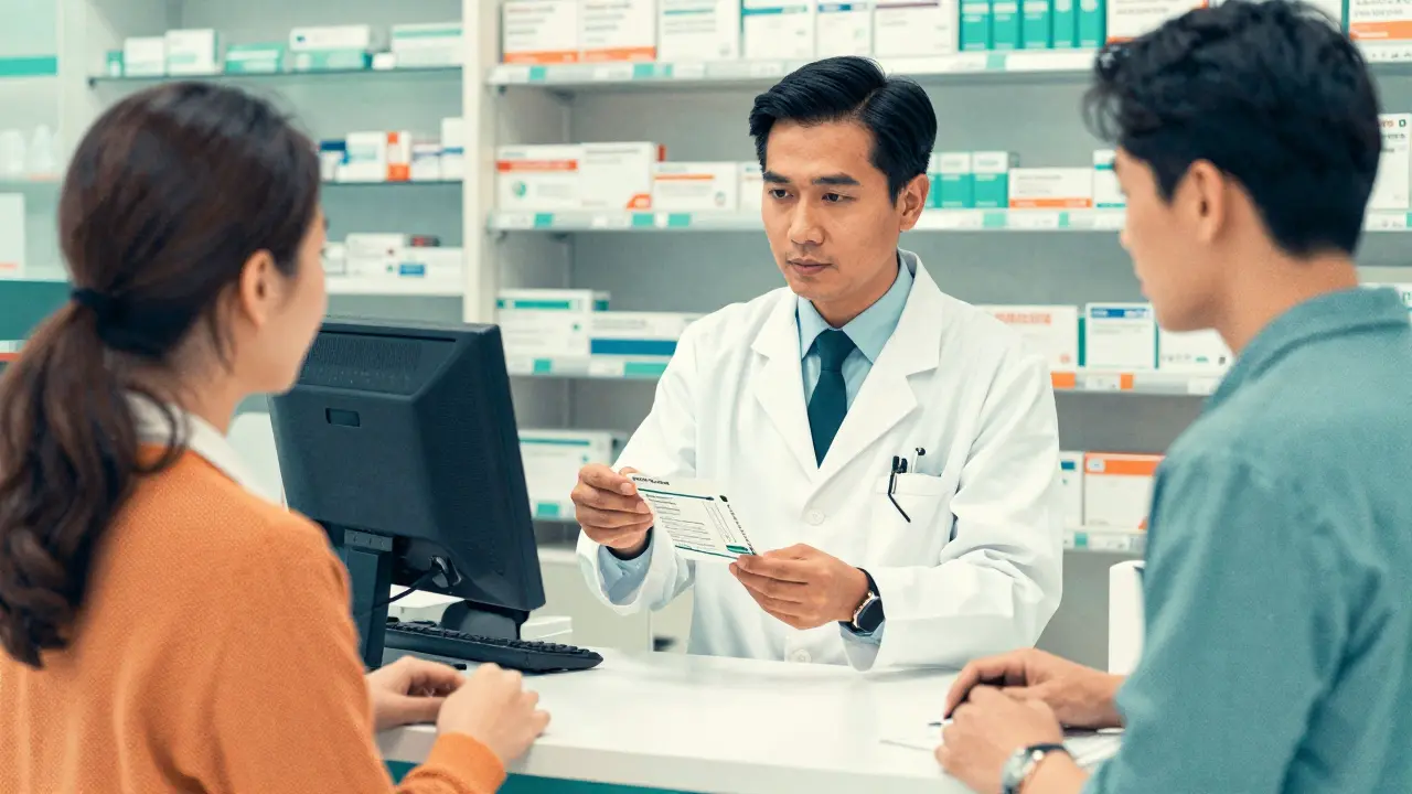 A pharmacist and patient interacting at a pharmacy counter in a print style.
