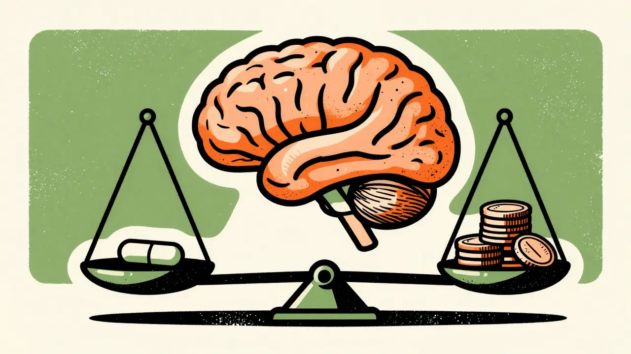A scale balancing a generic medication pill with coins to symbolize affordability.