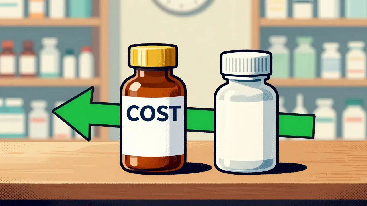 Comparison between a brand-name and generic medicine bottle in a screenprint style.