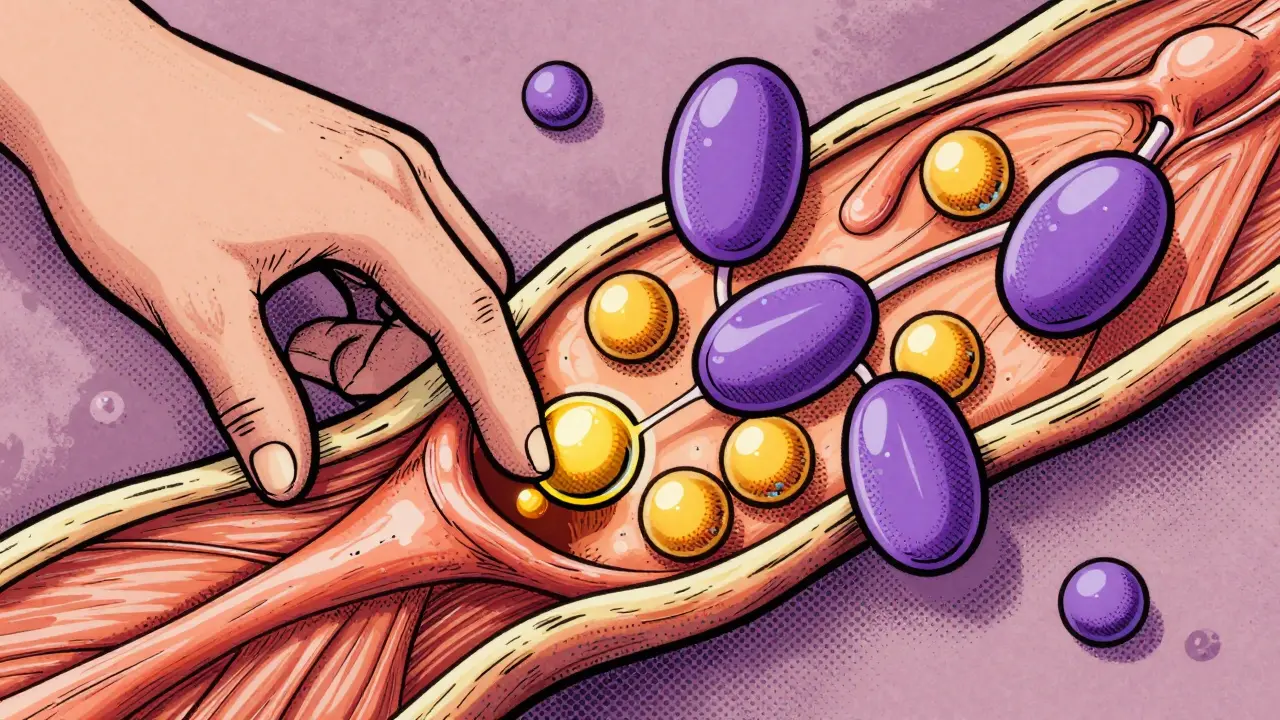 Conceptual illustration of antibodies blocking receptors at a neuromuscular junction.