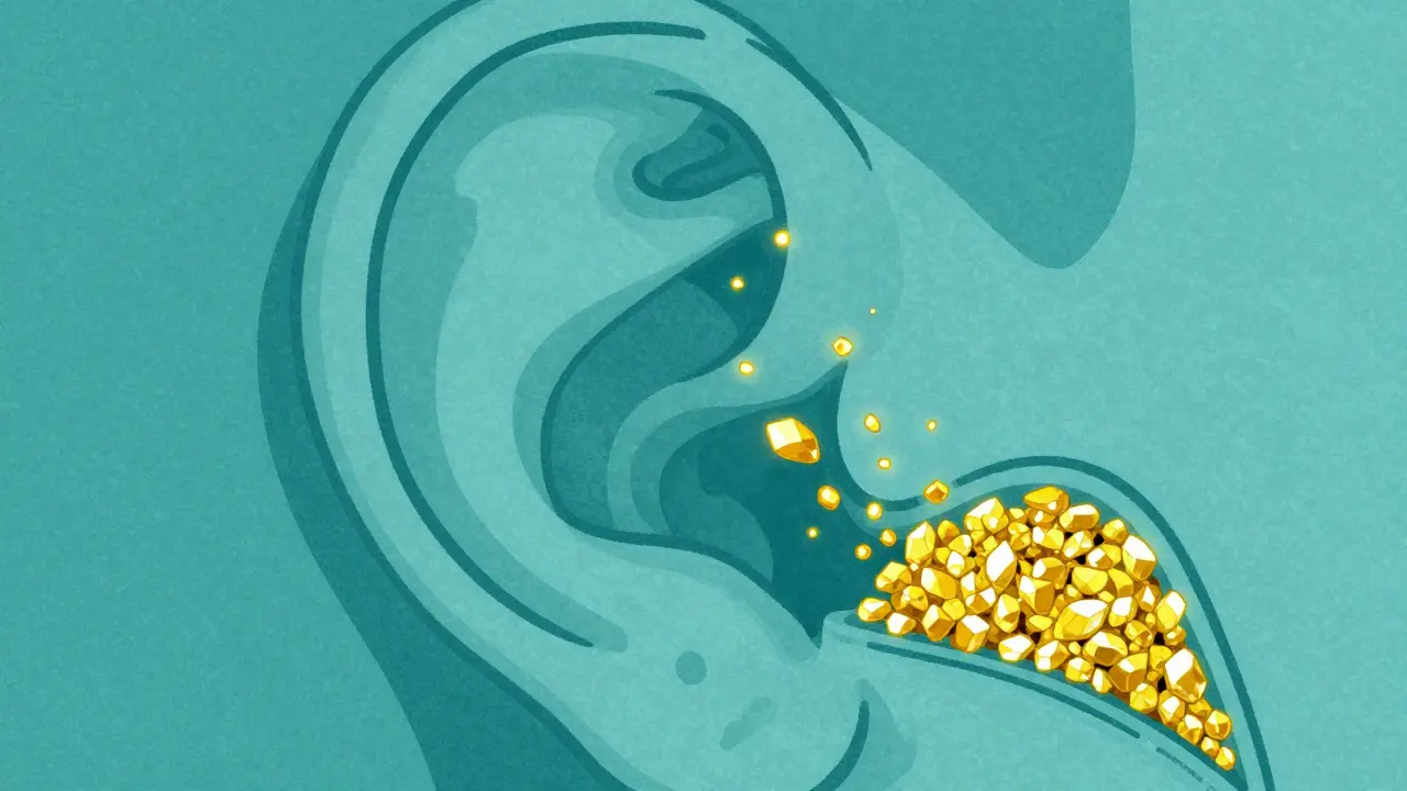 Diagram of inner ear crystals drifting through a semicircular canal in a graphic style.