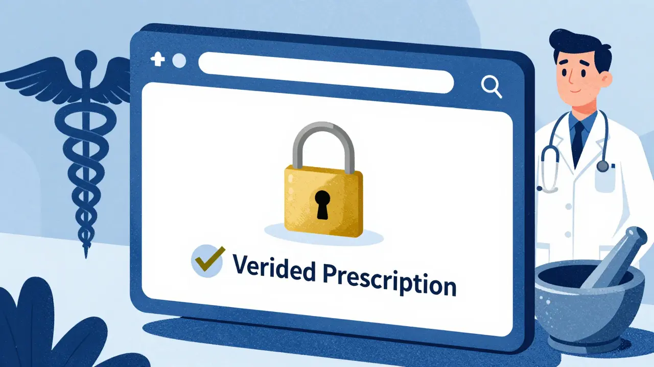 Graphic showing a secure online pharmacy interface with verification symbols.