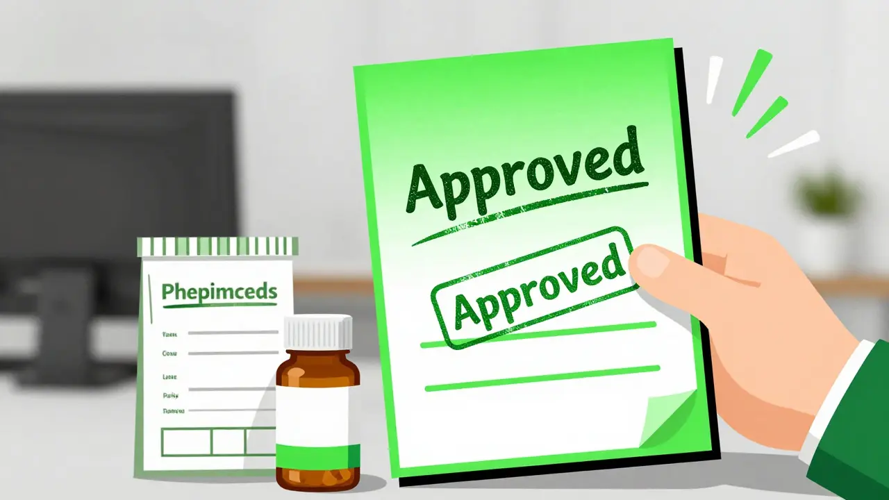 Hand holding an approved medication appeal document next to a prescription