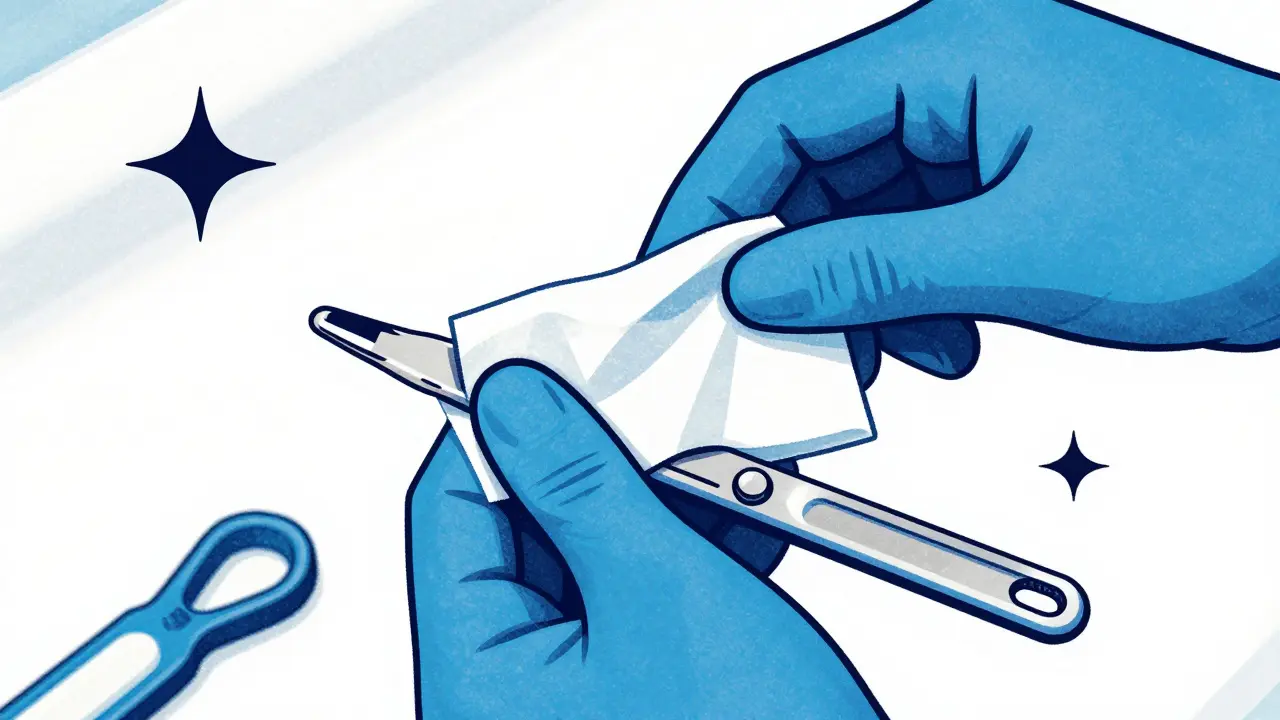 Hands in surgical gloves cleaning a pill splitter with an alcohol wipe