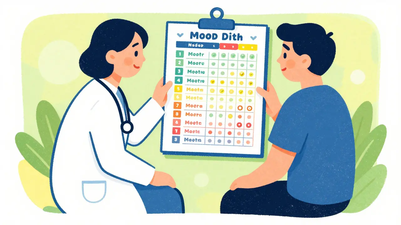 Healthcare provider and patient collaborating over a mood and medication tracking chart