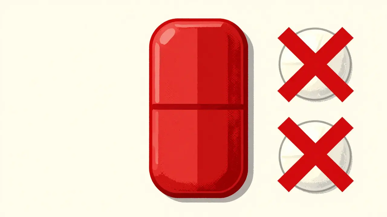 Illustration of a red rectangular tablet contrasted with rejected round fake pills.