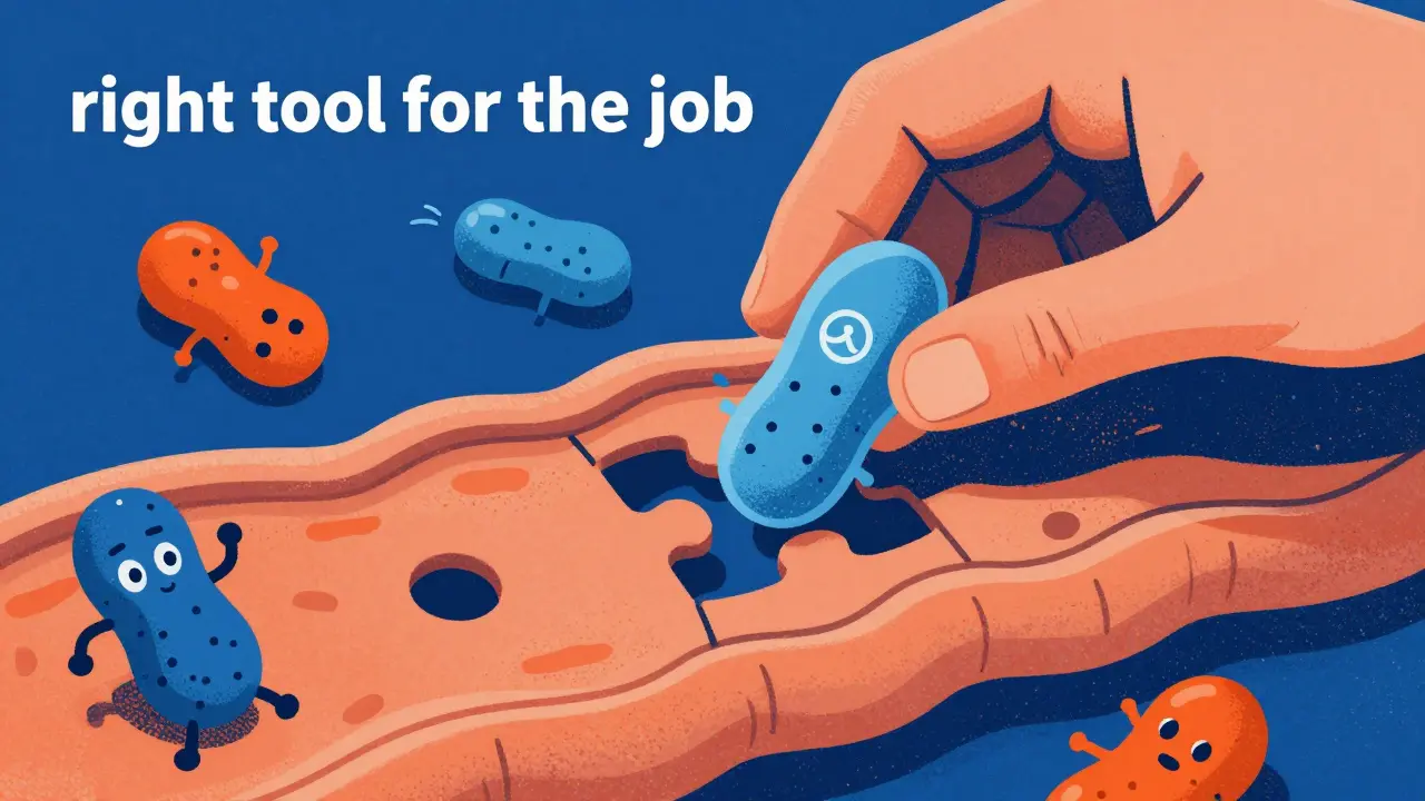 Illustration of a specific probiotic strain fitting perfectly into a gut wall puzzle.