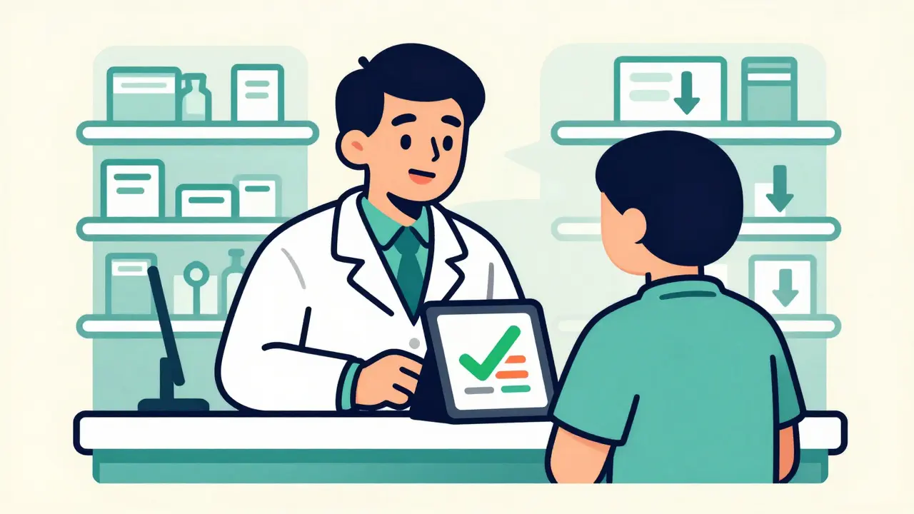 Pharmacist showing a patient the cost savings of switching to an authorized generic