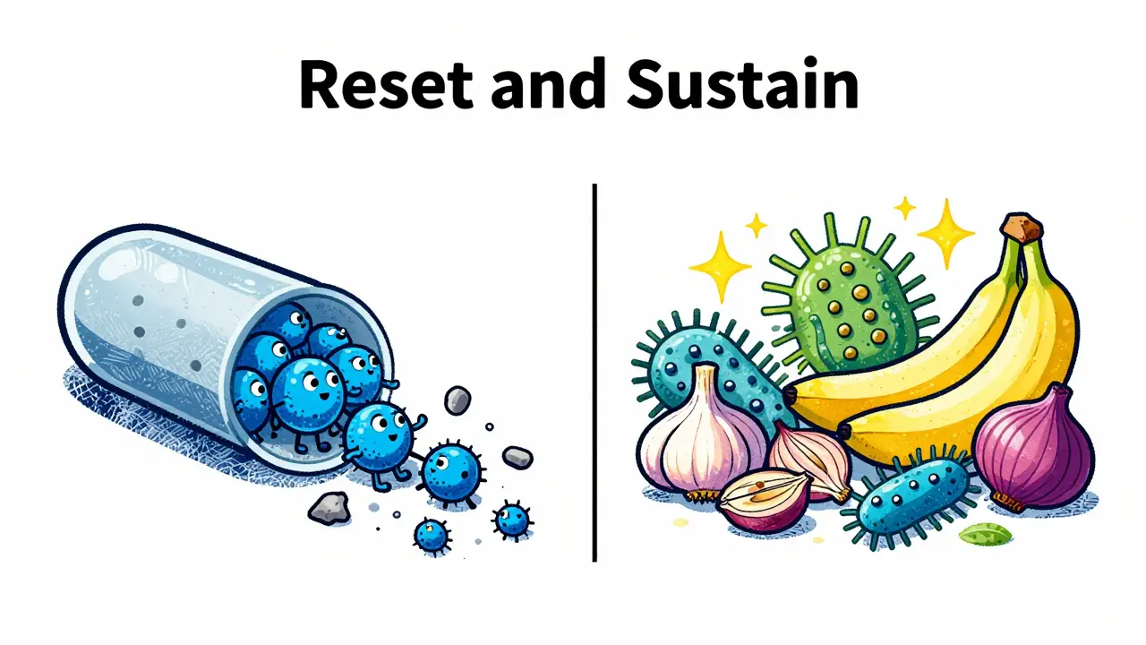 Screenprint showing probiotics clearing bad bacteria and prebiotics fueling good ones.