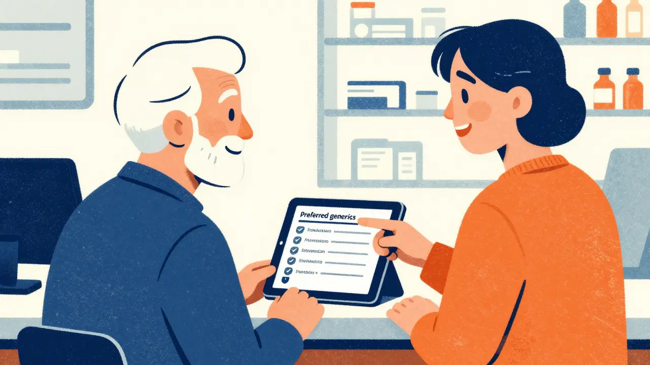 Senior citizen and pharmacist discussing medication options in a screenprint illustration.