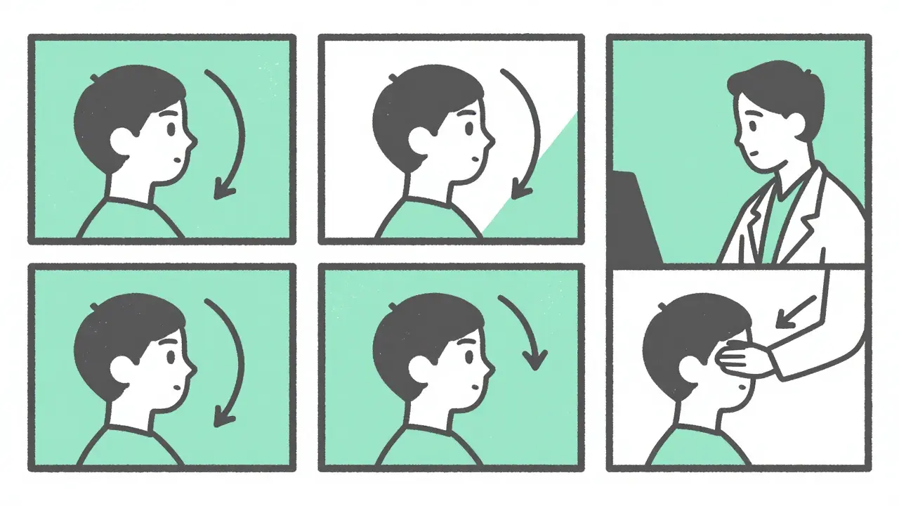 Sequential illustration of the Epley maneuver head rotations in a screenprint aesthetic.