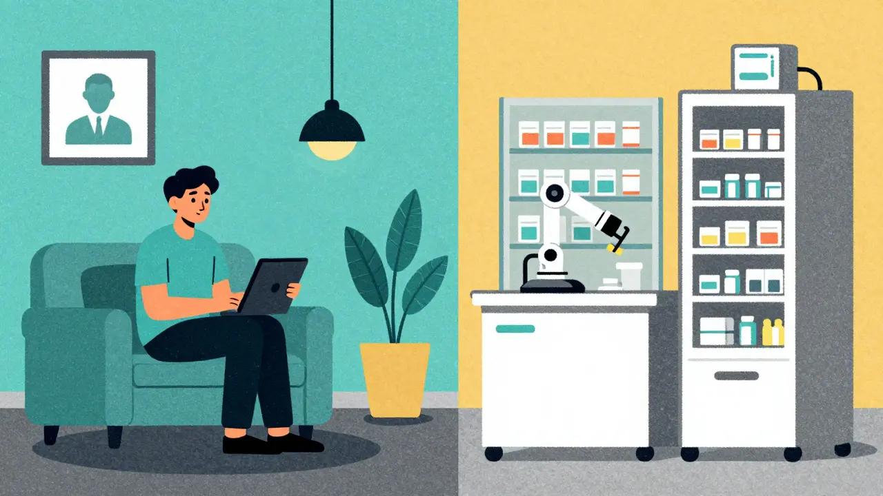 Split scene showing a telehealth call and an automated medication warehouse in a screenprint style.