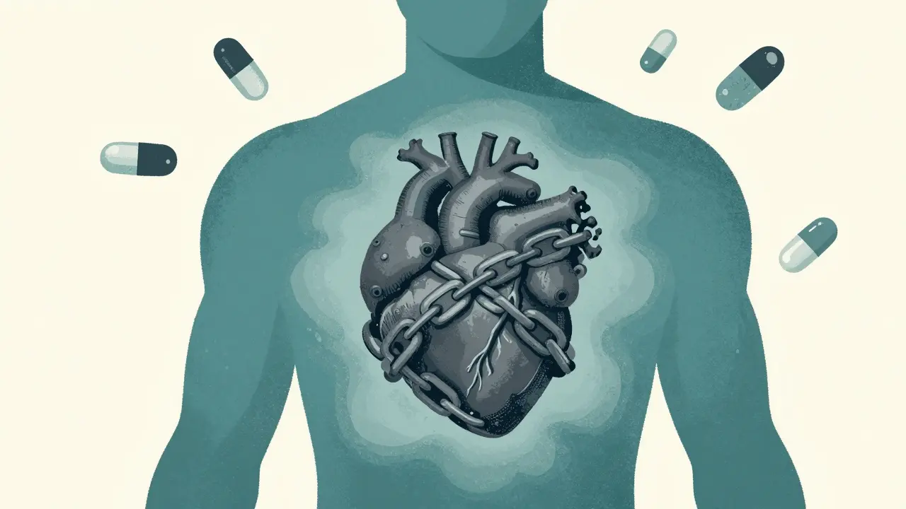 Stylized figure with a heart wrapped in grey chains and fog, representing depression and heart failure