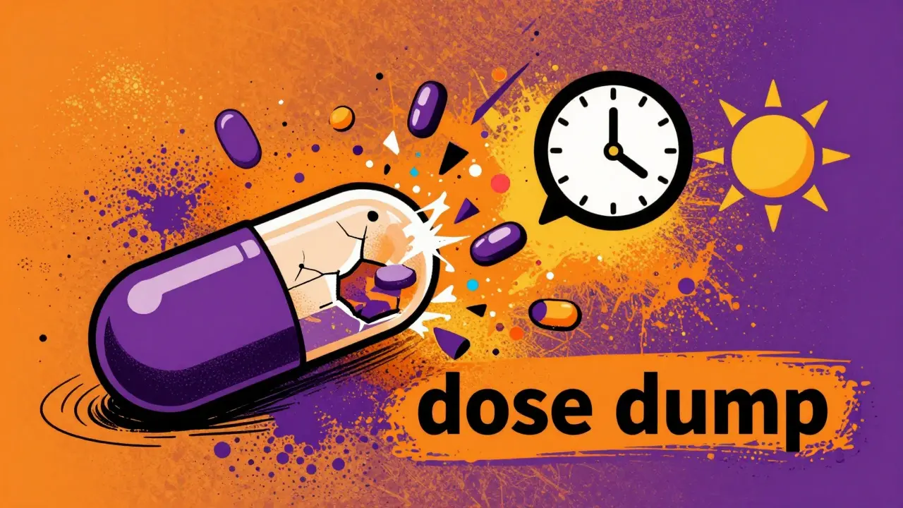 Stylized illustration of a pill shattering to represent a dangerous dose dump