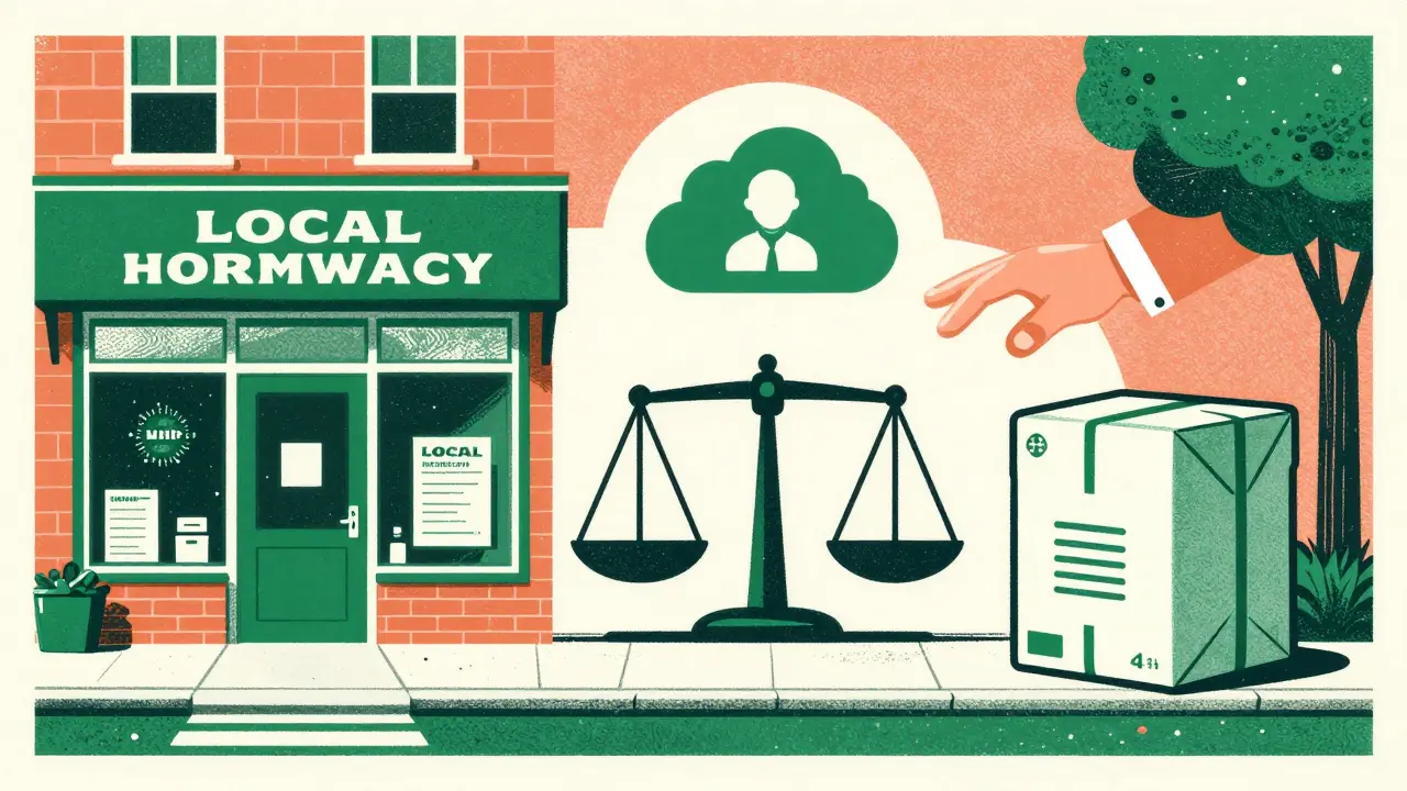 Visual balance between a local retail pharmacy and a home delivery package for maintenance medication.