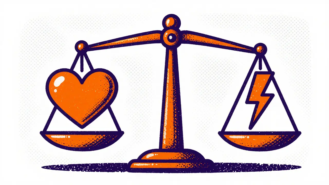 Balance scale weighing health benefits against risks in screenprint art