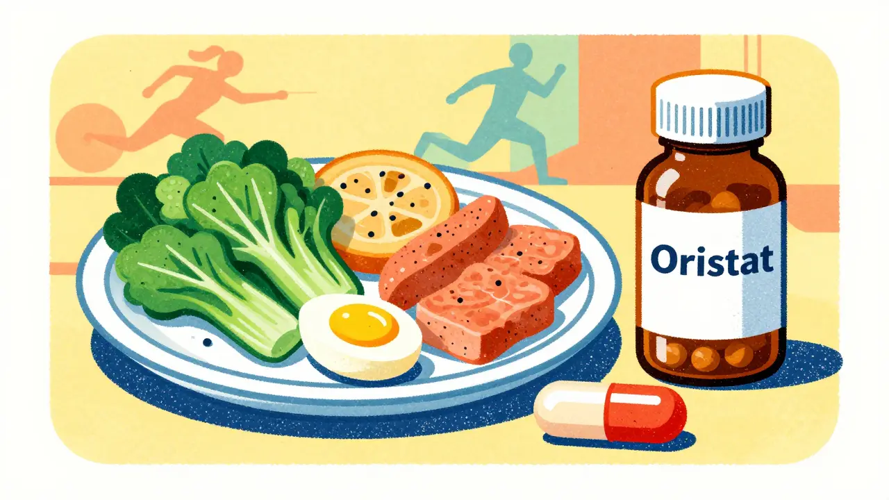 Balanced meal, vitamins, and Orlistat capsule illustrating healthy weight loss habits.