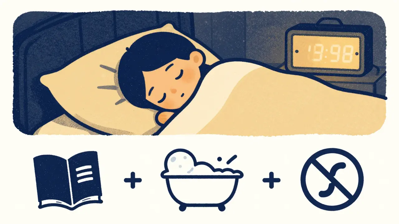 Child sleeping peacefully with sleep hygiene icons in bedroom