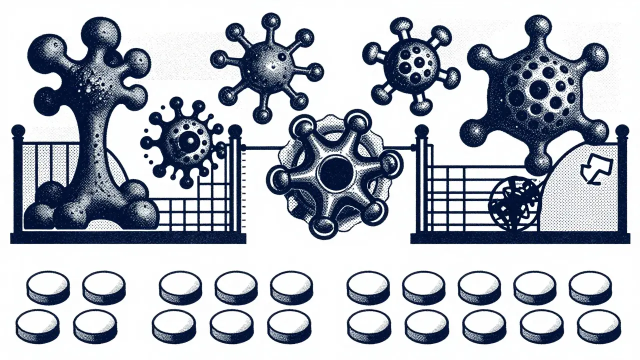 Complex biological structures contrasted with simple pills, symbolizing biosimilar regulations.