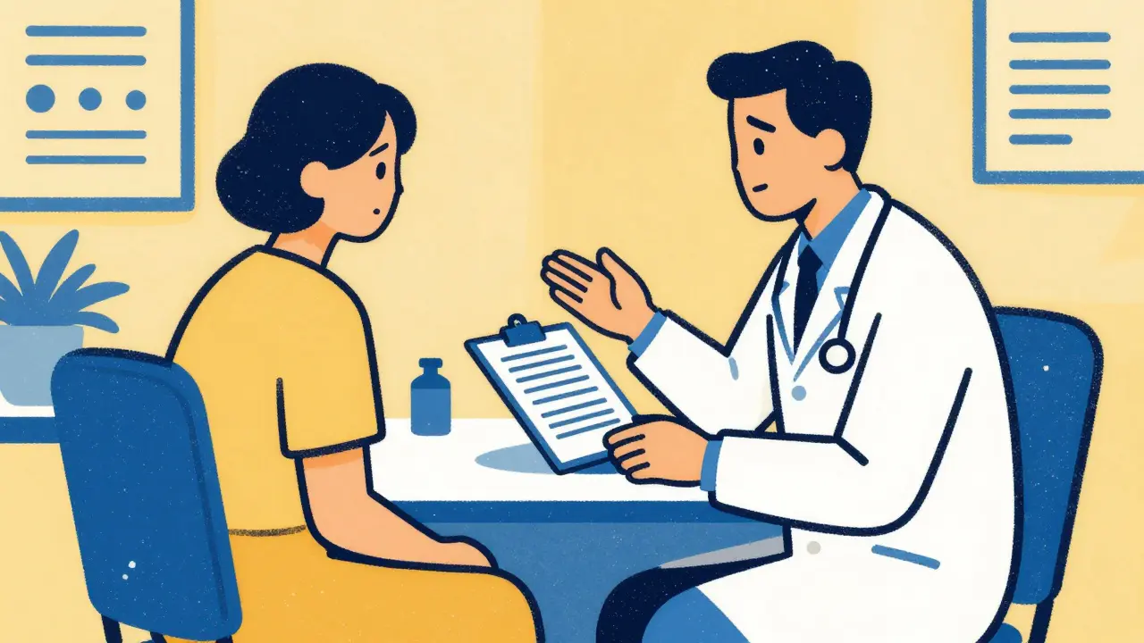 Doctor and patient discussing medication risks in illustrated screenprint style
