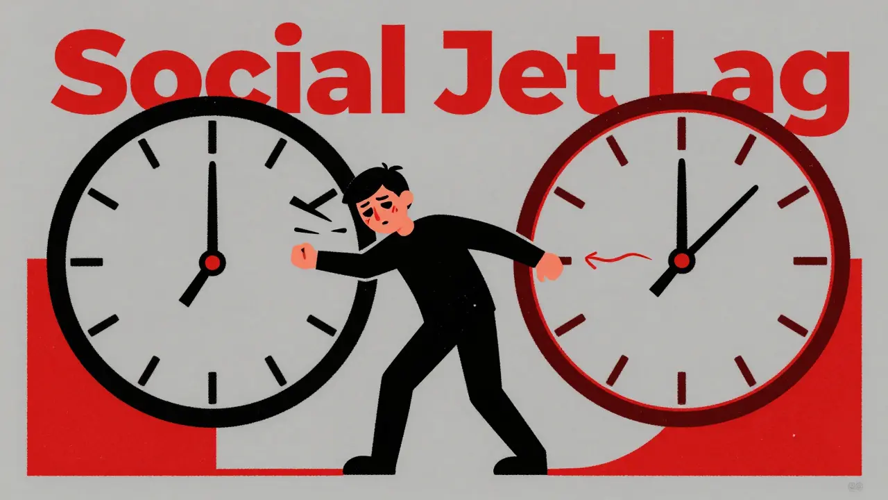 Graphic art showing a person stressed by conflicting sleep clocks