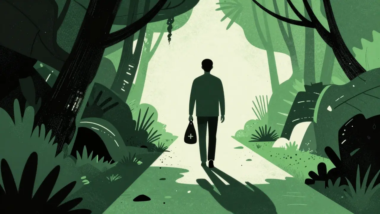 Graphic depiction of a patient's journey from liver inflammation to improved health via treatment.