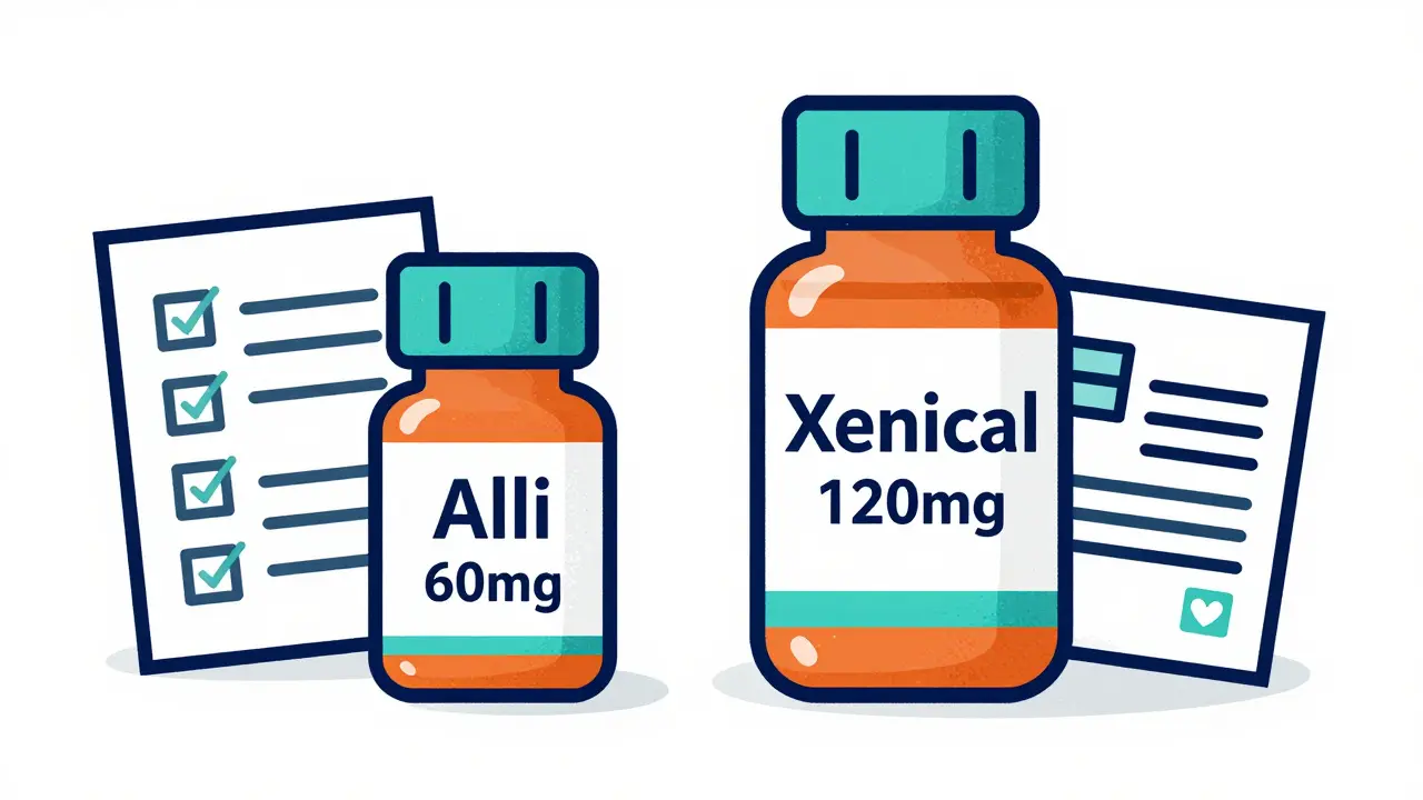 Side-by-side comparison of OTC Alli and prescription Xenical pill bottles in retro style.