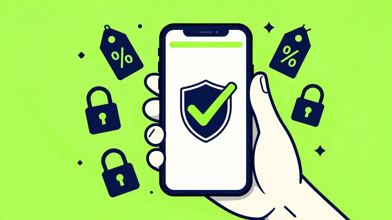 Smartphone showing a secure verification checkmark and shield icon in cartoon style