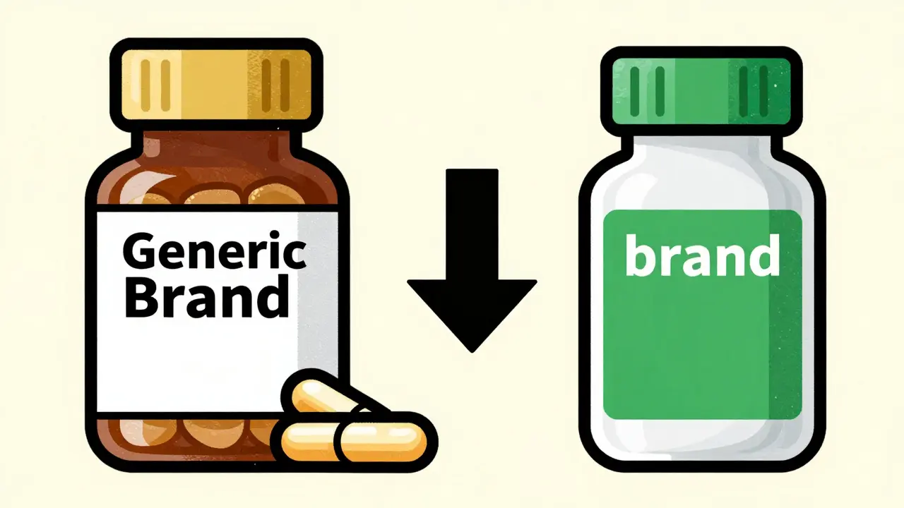 Two medicine bottles side-by-side illustrating generic versus brand name options