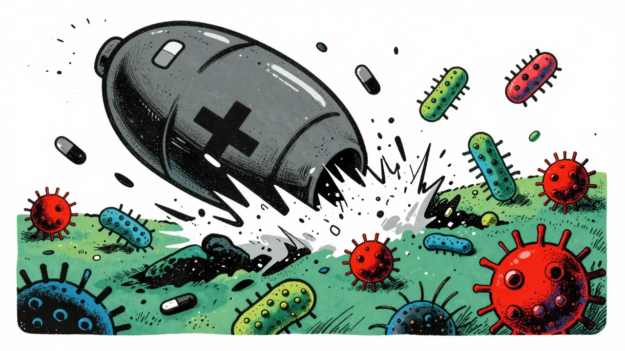 Abstract depiction of antibiotics destroying good bacteria, leaving C. diff