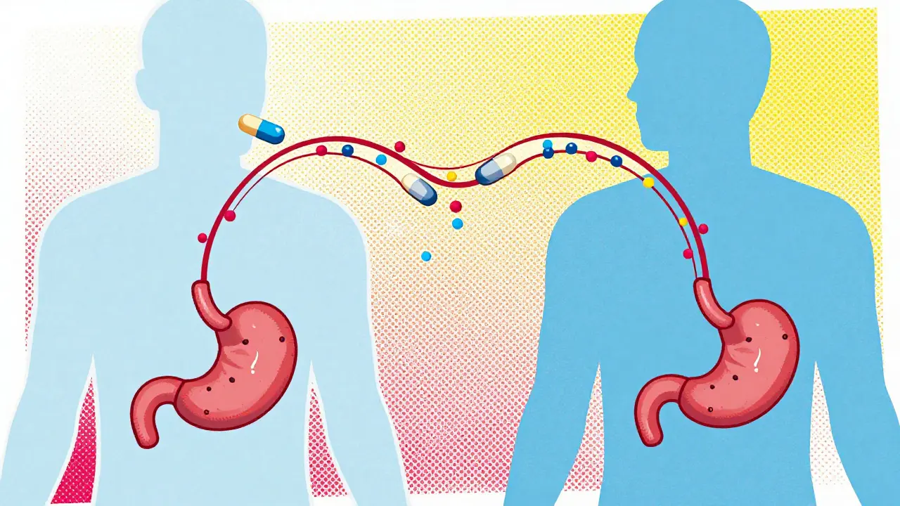 Abstract illustration of drug absorption showing similar blood levels despite different inactive ingredient particles