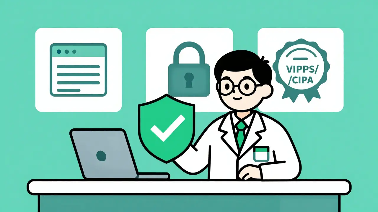 Cartoon pharmacist displaying safety seals and prescription requirements
