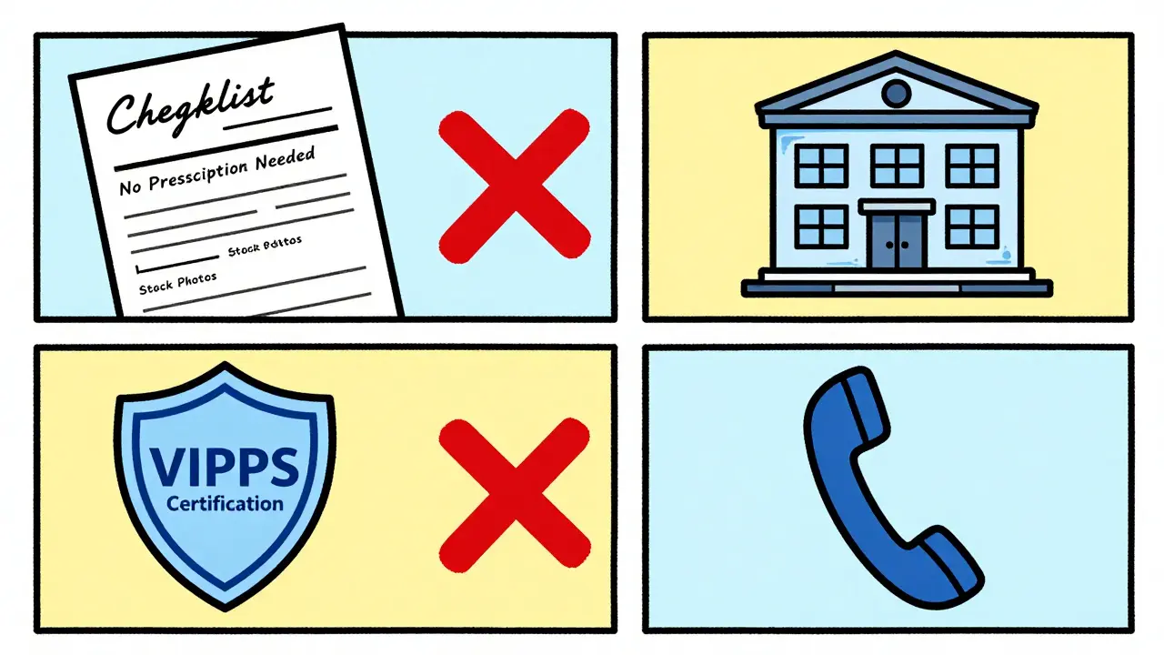 Checklist icons for verifying safe online pharmacy practices