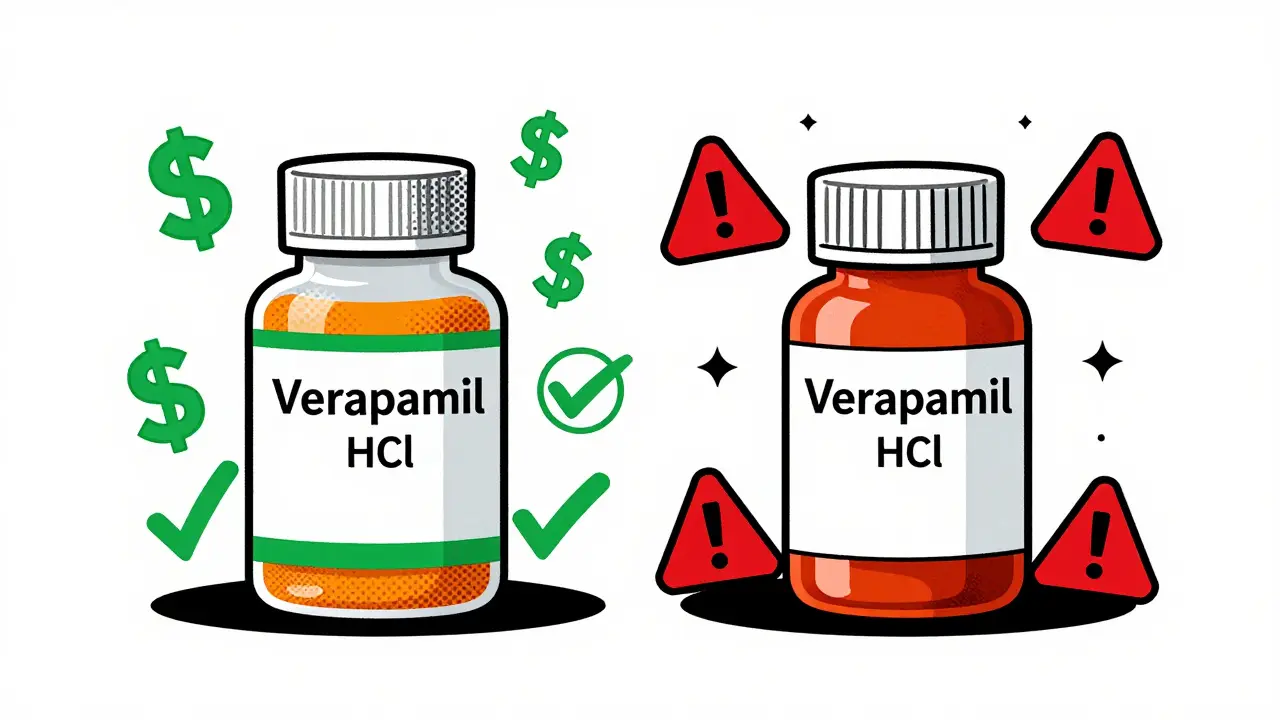 Comparison of generic vs brand name pill bottles showing cost savings