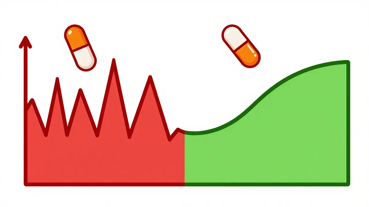 Comparison of jagged vs smooth curves illustrating drug half-lives for tapering.