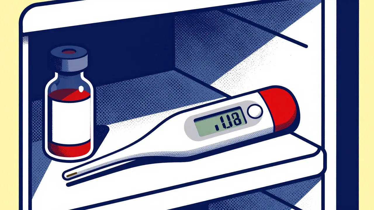 Digital thermometer monitoring medication temperature in a fridge