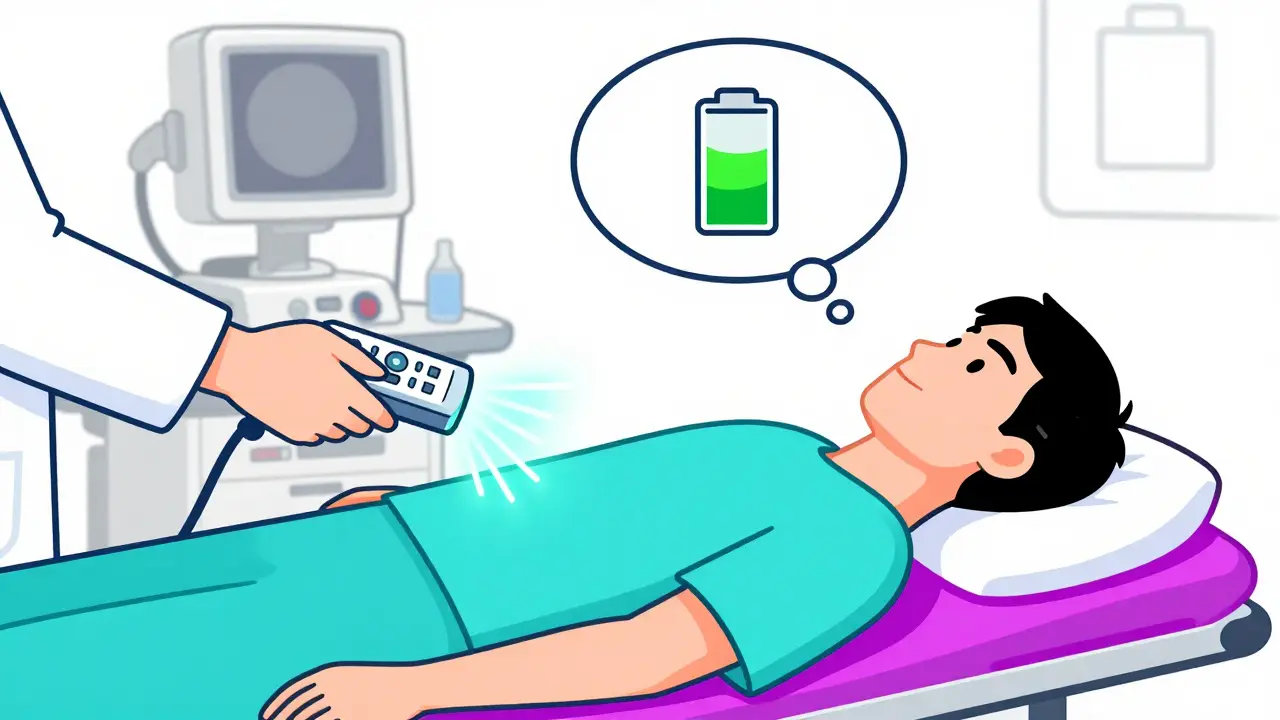 Doctor using remote to test spinal cord stimulation during trial phase