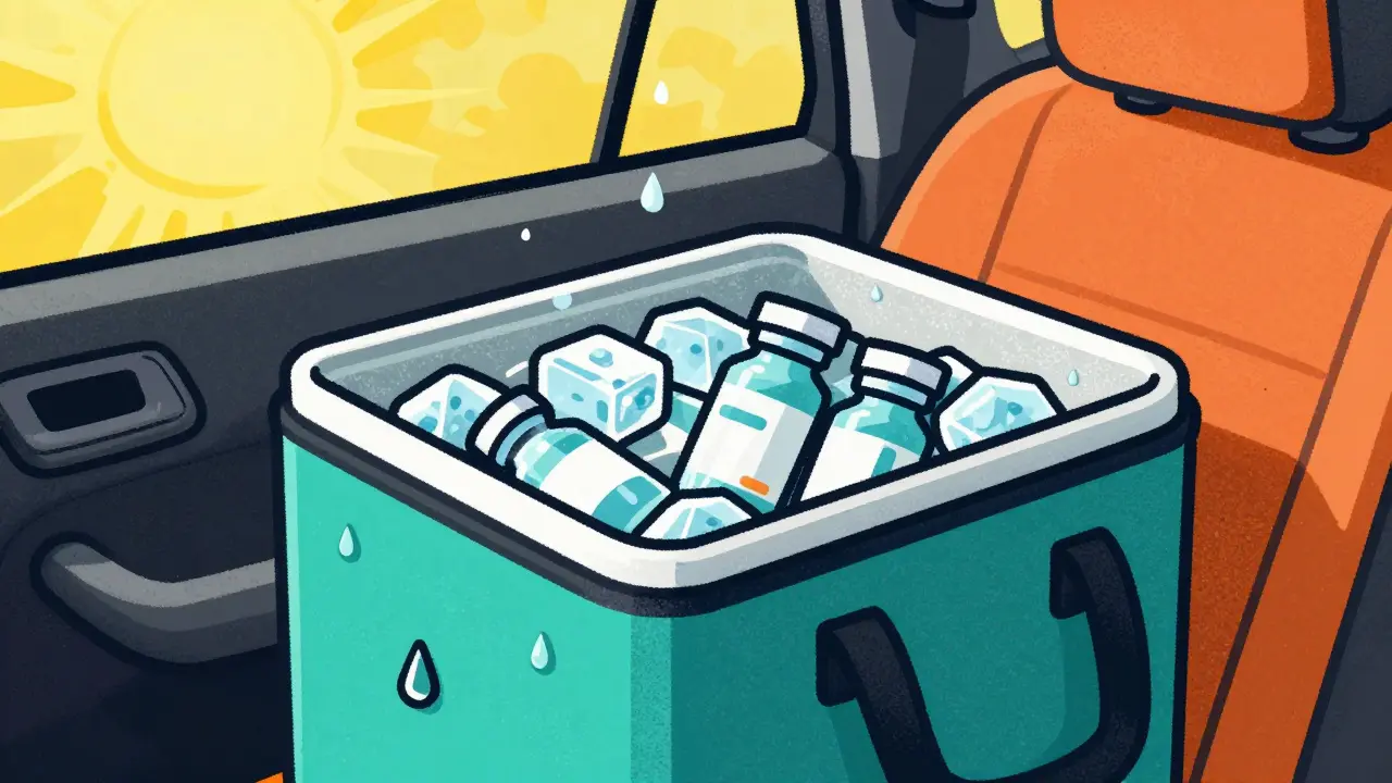 Insulated travel case protecting meds from heat in a car