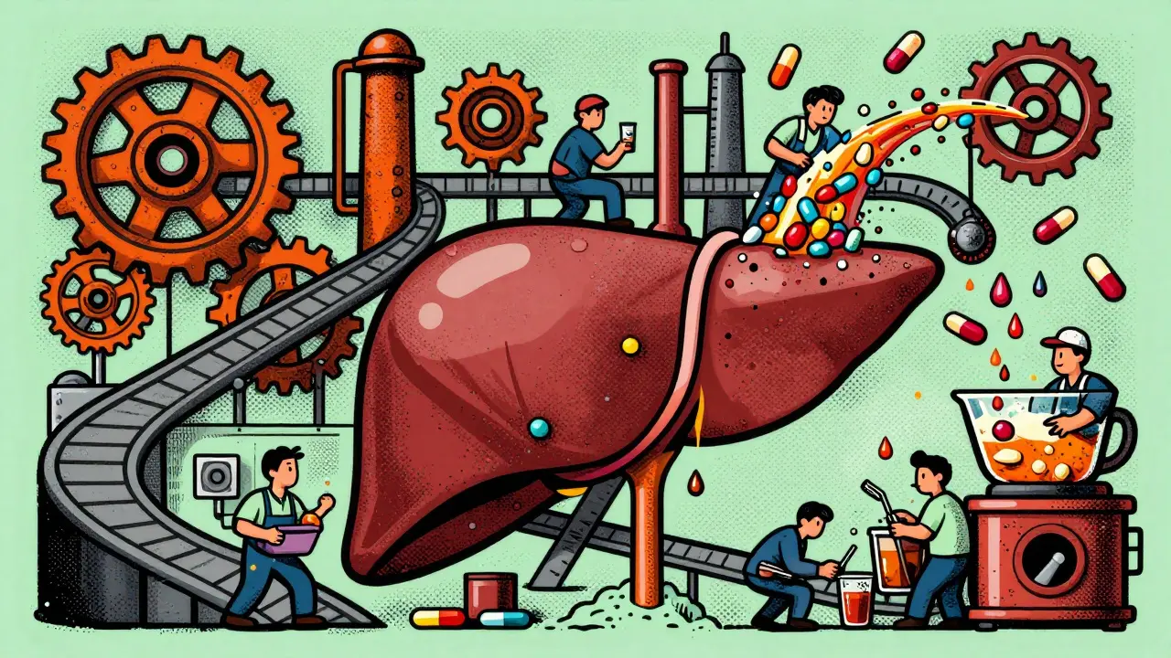 Liver illustrated as a factory overwhelmed by drugs and alcohol