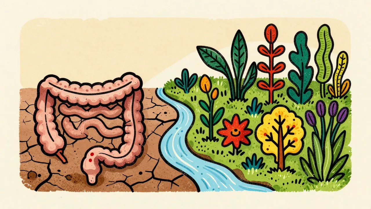 Metaphorical illustration of FMT restoring gut health like reseeding a garden