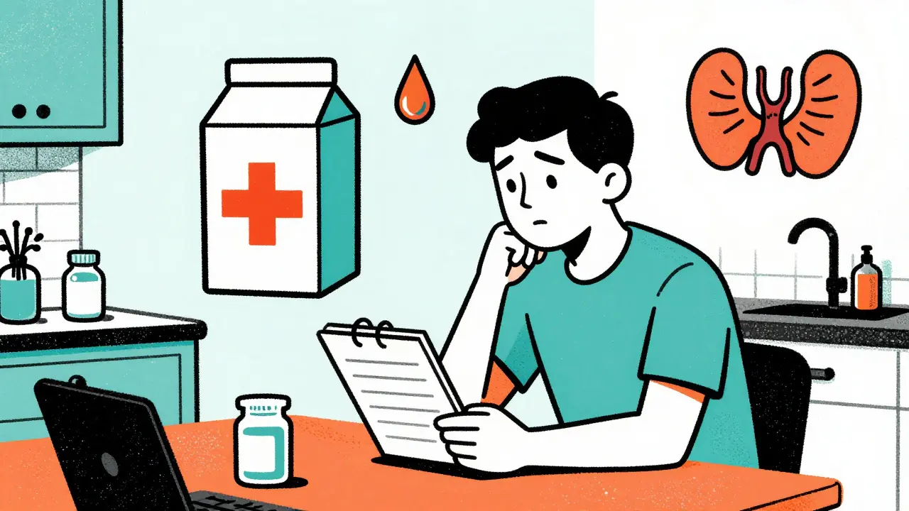 Patient reviewing medication diary with floating icons of lactose, dyes, and thyroid symbols in screenprint style