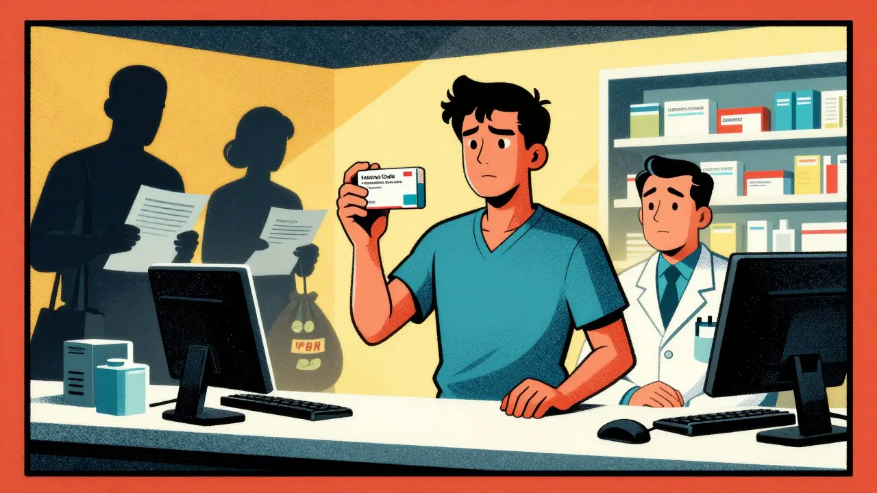 Patient showing NDC code to pharmacist against PBM backdrop