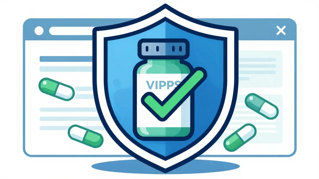 Shield icon protecting prescription bottle from online pharmacy scams