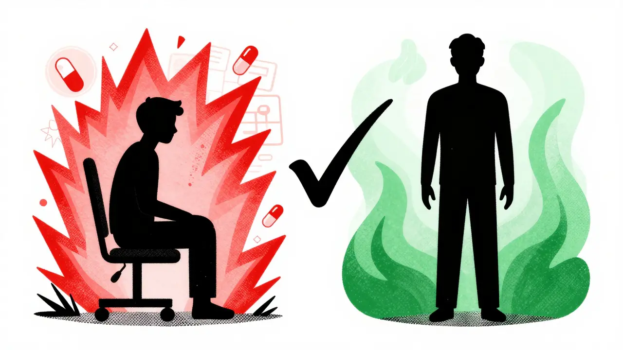 Split illustration comparing chronic pain state vs relief after screening