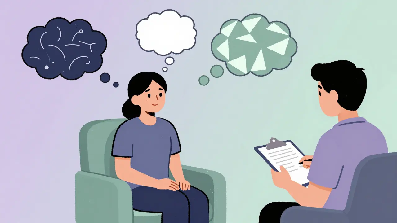 Therapy session helping patient reframe anxiety thoughts during medication withdrawal.