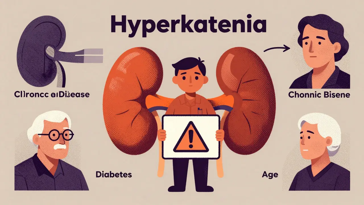 Abstract shapes representing hyperkalemia risk factors in screenprint style