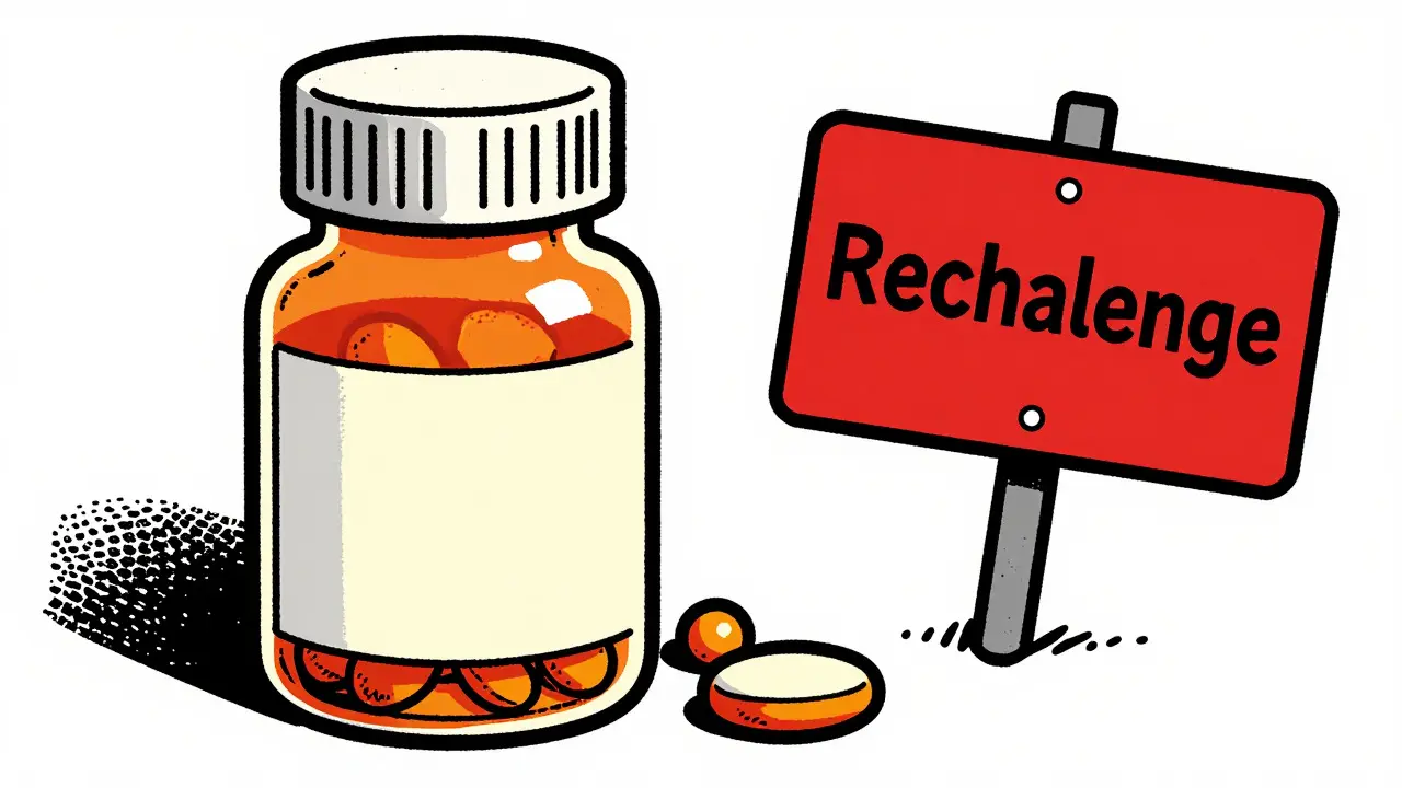 Cartoon depiction of rechallenge risks, featuring a restarting pill bottle and warning signs in a limited color palette.